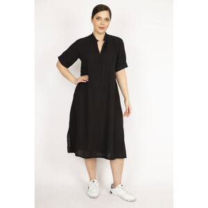 Şans Women's Black Plus Size Woven Fabric V-Neck Side Pockets Dress