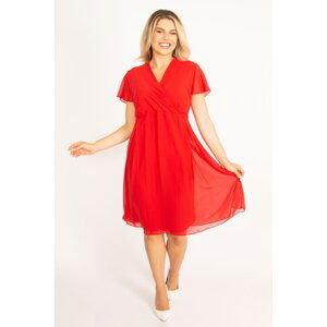 Şans Women's Plus Size Red Chiffon Dress With Wrapover Collar, Lined