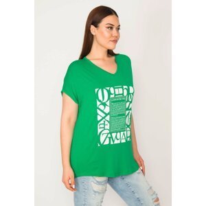 Şans Women's Plus Size Green V-Neck Print And Stone Detailed Short Sleeve Blouse On The Front