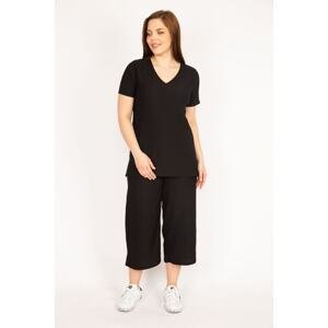 Şans Women's Black Large Size Wrap Fabric V-Neck Blouse Elastic Waist Capri Suit