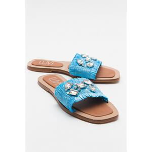 LuviShoes NORVE Baby Blue Straw Stone Women's Slippers