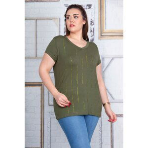 Şans Women's Plus Size Khaki Stone Detailed V Neck Viscose Blouse