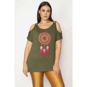 Şans Women's Plus Size Khaki Embroidery Detailed Decollete Viscose Blouse