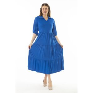 Şans Women's Plus Size Saxon Collar Sleeve Cuff Elastic Detail Layered Long Dress