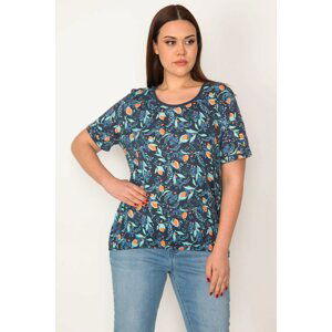 Şans Women's Plus Size Navy Blue Cotton Fabric Crew Neck Floral Patterned Blouse with Elastic Hem