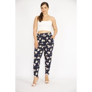 Şans Women's Navy Plus Size High Waist Viscose Pants with Lycra, Elastic Waist, Side Pockets.