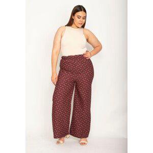 Şans Women's Plus Size Burgundy Elastic Waist Floral Patterned Trousers