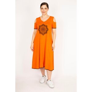 Şans Women's Orange Large Size Off-Shoulder Embroidered Dress