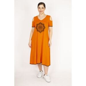 Şans Women's Orange Plus Size Decollete Embroidered Dress
