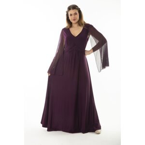Şans Women's Plus Size Damson Waist Detailed Sleeves Tulle Evening Dress