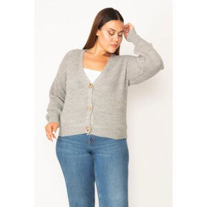 Şans Women's Plus Size Gray V-Neck Front Buttoned Knitwear Cardigan