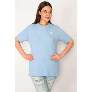 Şans Women's Plus Size Blue Crew Neck Short Sleeve Basic Blouse