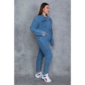 Şans Women's Plus Size Blue Top Buttoned Pocket Detailed Denim Jumpsuit