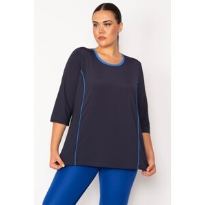 Şans Women's Large Size Navy Blue Tunic with Piping and Cup Detail