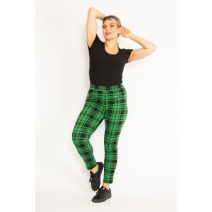 Şans Women's Plus Size Green Checkered Leggings With Zippered Ornamental Pockets