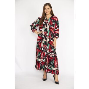 Şans Women's Colorful Plus Size Woven Viscose Fabric Front Buttoned Hem Tiered Long Sleeve Dress
