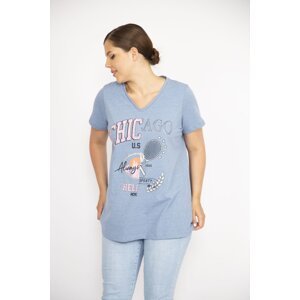 Şans Women's Large Size Baby Blue Short Sleeve Blouse with V-Neck and Glitter and Print Detail