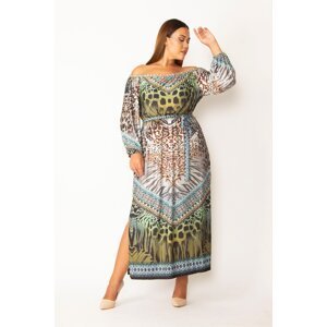 Şans Women's Colored Collar And Cuff Elastic And Stone Detailed Long Sleeve Patterned Dress With Side Slit