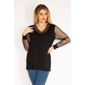 Şans Women's Plus Size Black Tulle Blouse with a Silvery Collar And Sleeves