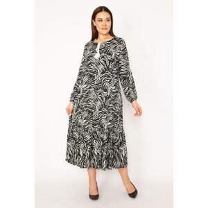 Şans Women's Large Size Black Woven Viscose Fabric Long Sleeve Layered Dress