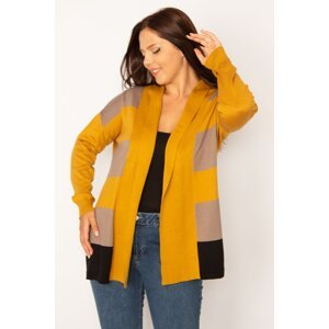 Şans Women's Plus Size Mustard Color Combined Knitwear Cardigan