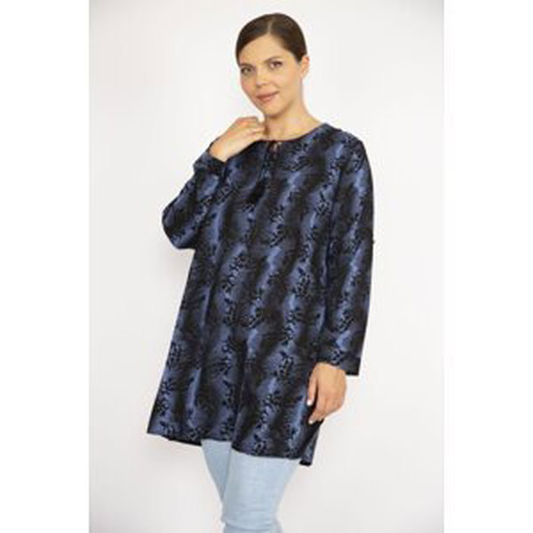 Şans Women's Plus Size Blue V-Neck Tunic with Adjustable Sleeve Length