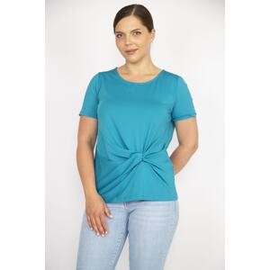 Şans Women's Turquoise Plus Size Short Sleeve Blouse with Gather Detail on the Front and Crew Neck