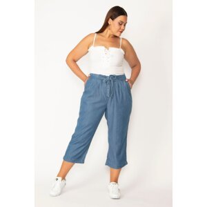 Şans Women's Blue Ankle-Length Pants with Elastic Waist and Laced Side Pockets
