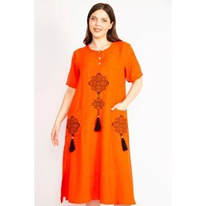 Şans Women's Plus Size Orange Embroidery And Tassel Detail Front Pat Buttoned Dress