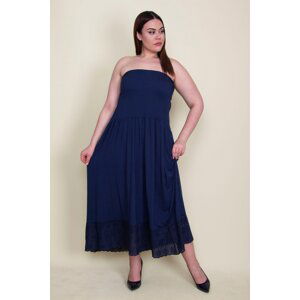 Şans Women's Plus Size Navy Blue Elasticated Dress with Lace Tie Bust.