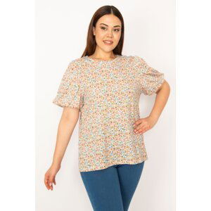 Şans Women's Plus Size Colorful Balloon Sleeve Floral Pattern Blouse