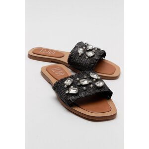 LuviShoes NORVE Black Straw Stone Women's Slippers
