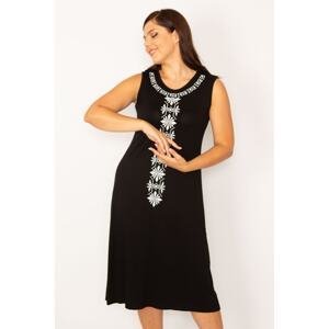 Şans Women's Large Size Black Embroidered Sleeveless Viscose Dress