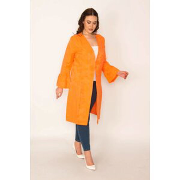 Şans Women's Large Size Orange Sleeve Detailed Single Lace Closure Unlined Cape