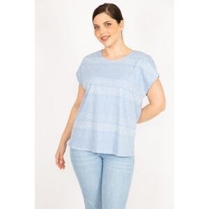 Şans Women's Baby Blue Plus Size Cotton Fabric Low Sleeve Patterned Blouse