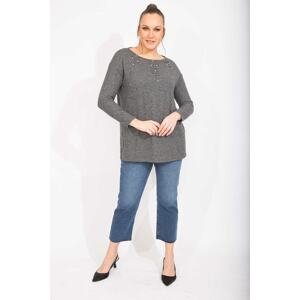 Şans Women's Smoky Plus Size Stone Detailed Wool Viscose Blouse