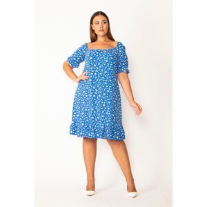 Şans Women's Plus Size Flower Patterned Dress With Elastic Neck And Arm Cuff
