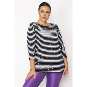 Şans Women's Black Stripe and Dot Patterned Capri Sleeve Tunic