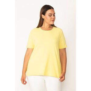 Şans Women's Plus Size Yellow Cotton Fabric Crew Neck Short Sleeve Blouse