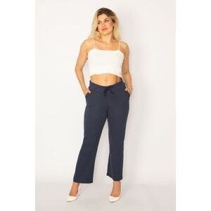 Şans Women's Plus Size Navy Blue Sports Pants with Elastic Waist and Lace-Up.