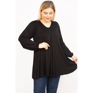 Şans Women's Black Plus Size Front A Pleated Elastic Long Sleeve Tunic