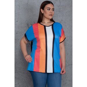 Şans Women's Plus Size Colorful V-Neck Low Sleeve Color Combination Blouse