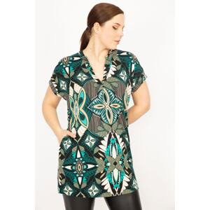 Şans Women's Green Plus Size V Neck Side Pockets Low Sleeve Tunic