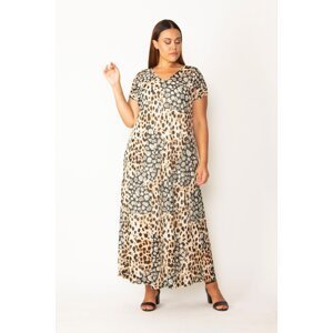 Şans Women's Plus Size Leopard V-Neck Chiffon Linen Long Dress