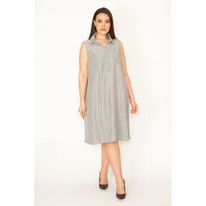 Şans Women's Gray Fabric Front Paw Buttoned Embroidery And Pocket Detailed Dress