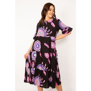 Şans Women's Plus Size Colorful Woven Viscose Fabric Collar Tied Tiered Dress