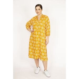 Şans Women's Yellow Plus Size Front Placket Buttoned Woven Viscose Fabric Dress