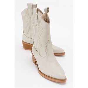 LuviShoes REVİNA Beige Leather Embroidered Women's Western Boots