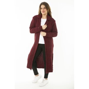 Şans Women's Large Size Claret Red Slit Thick Knitwear Long Cardigan