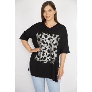 Şans Women's Plus Size Black Sequined Embroidered Crew Neck Blouse with Side Slit